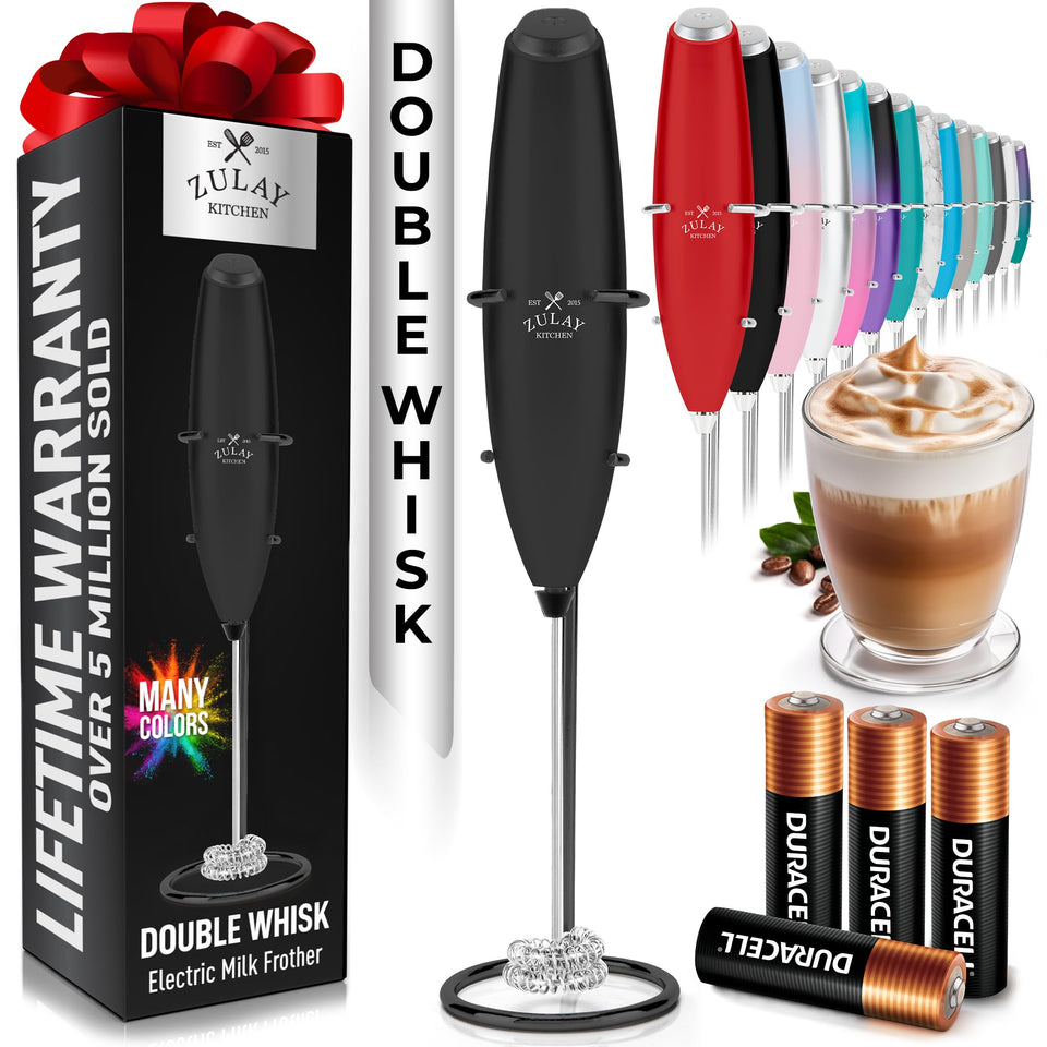 Zulay Kitchen milk frother with batteries included for quick café-quality foam at home.
