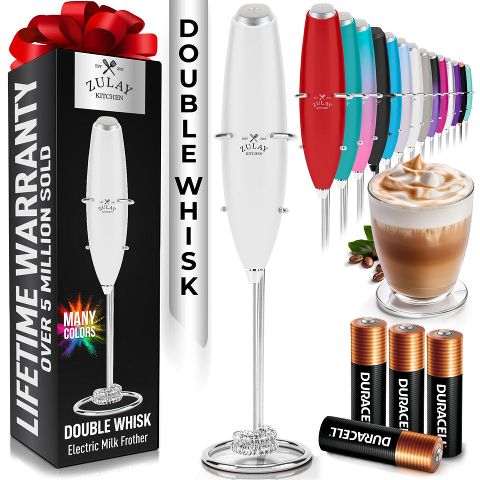Zulay Kitchen milk frother in use, creating creamy foam in cup