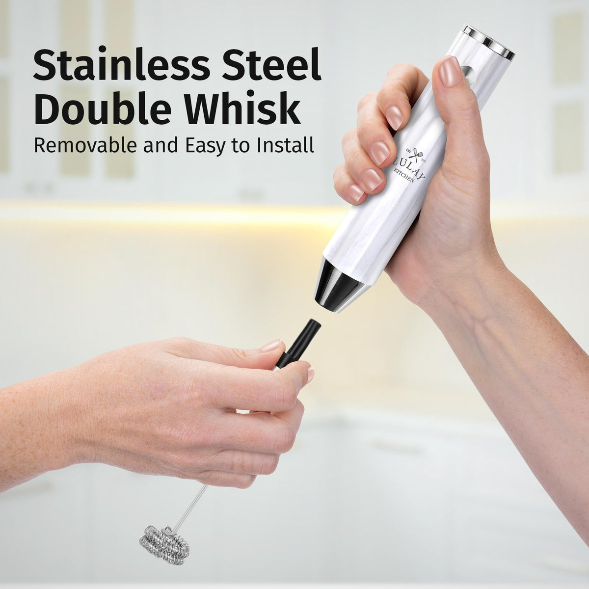 Zulay Kitchen Lux frother features elegant white marble handle design.
