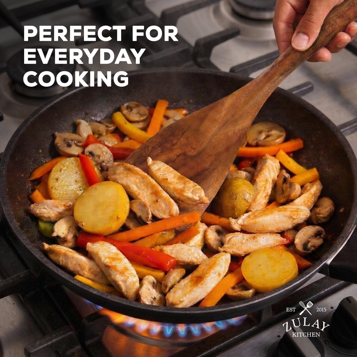 Zulay Kitchen wooden utensils, easy-clean teak with lacquer finish