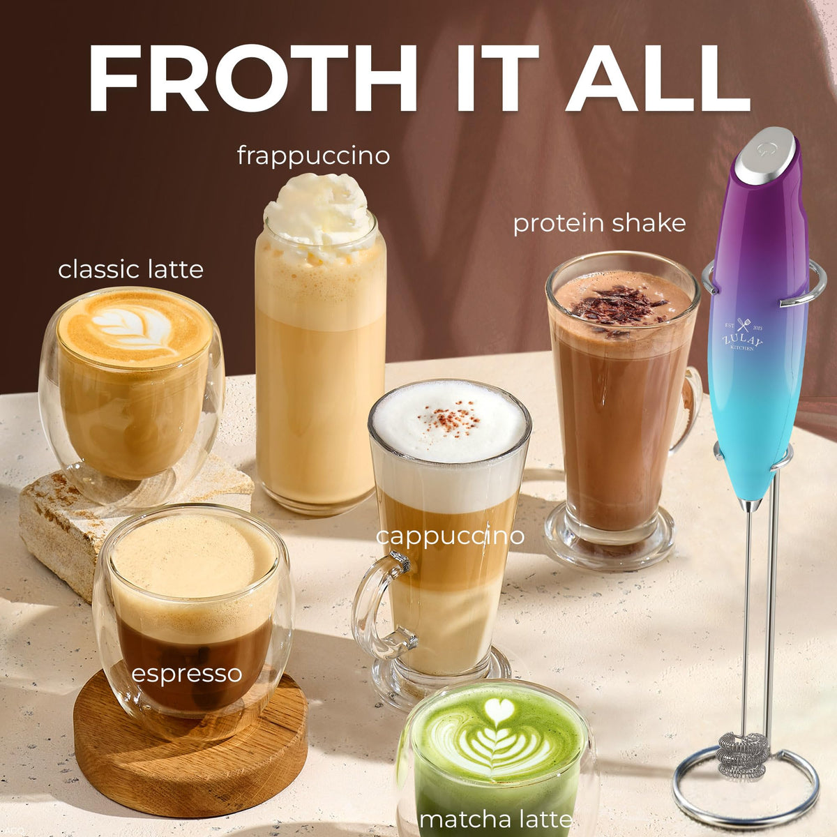 Zulay Kitchen works with dairy and non-dairy milks for versatile froth.