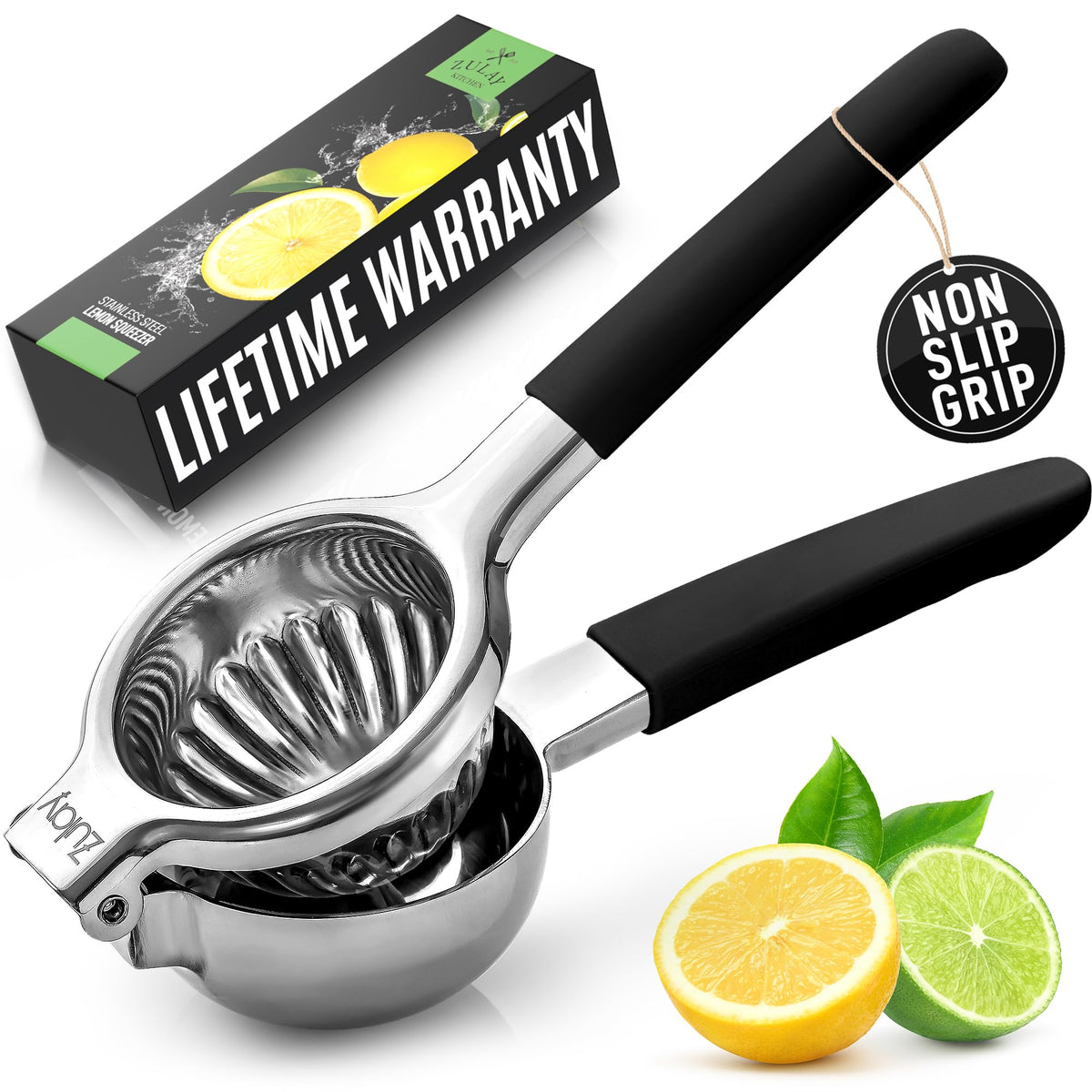 Zulay Lemon Squeezer in stainless steel with blue grip for easy juicing