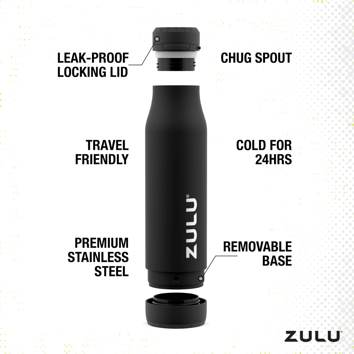 Zulu Ace 24oz vacuum-insulated body keeps drinks cold during long workouts.