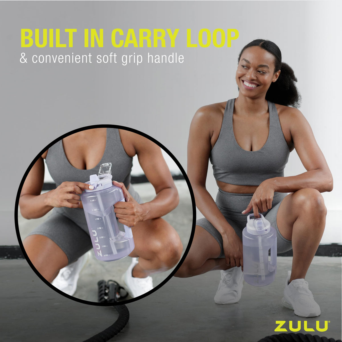 ZULU Goals bottle with handle offers comfortable carrying.
