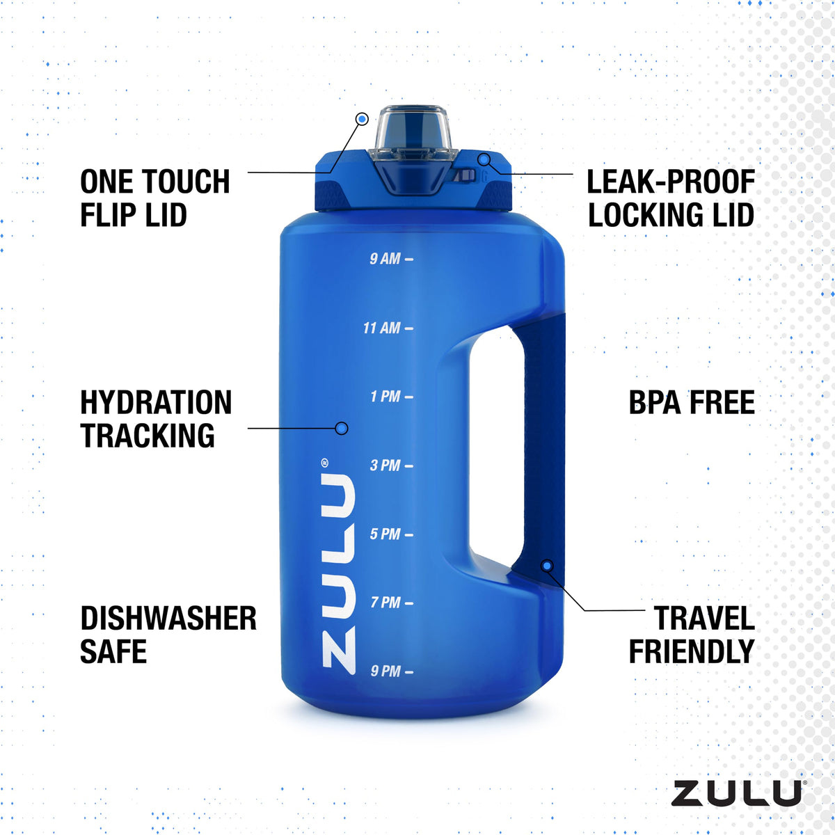 ZULU Goals 64oz bottle with leak-proof lid during travel.