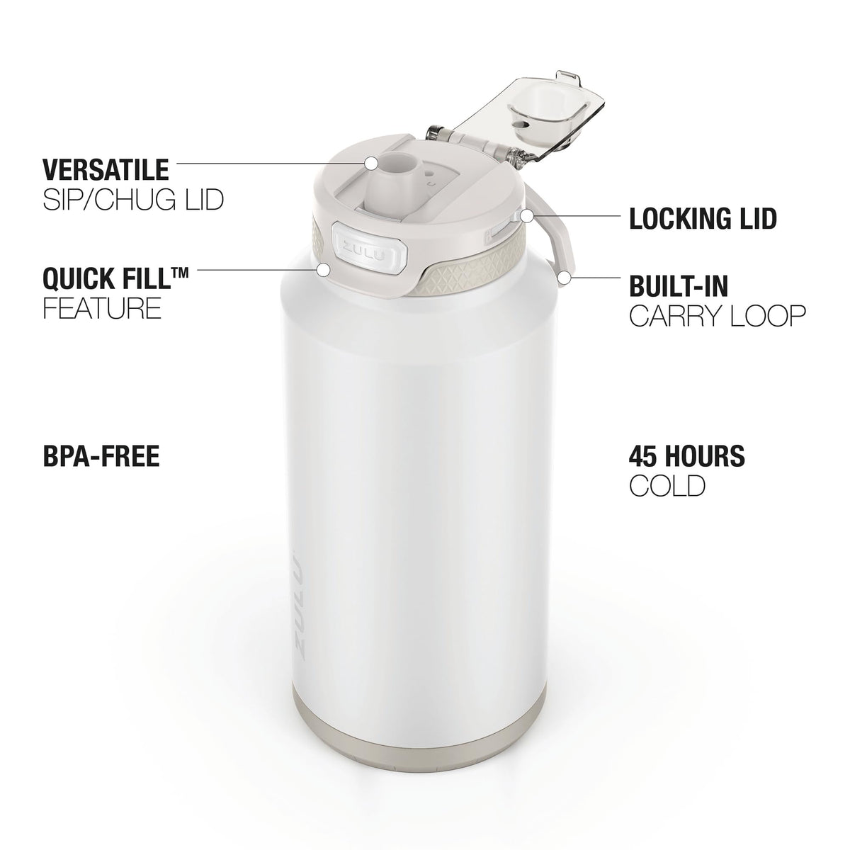 Two spouts visible on ZULU Powerfill Pro for sip and chug hydration.
