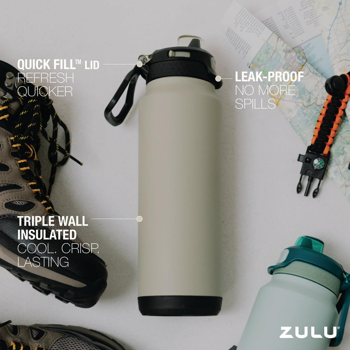 ZULU Powerfill Pro 24oz bottle with two spouts for sipping or chugging.