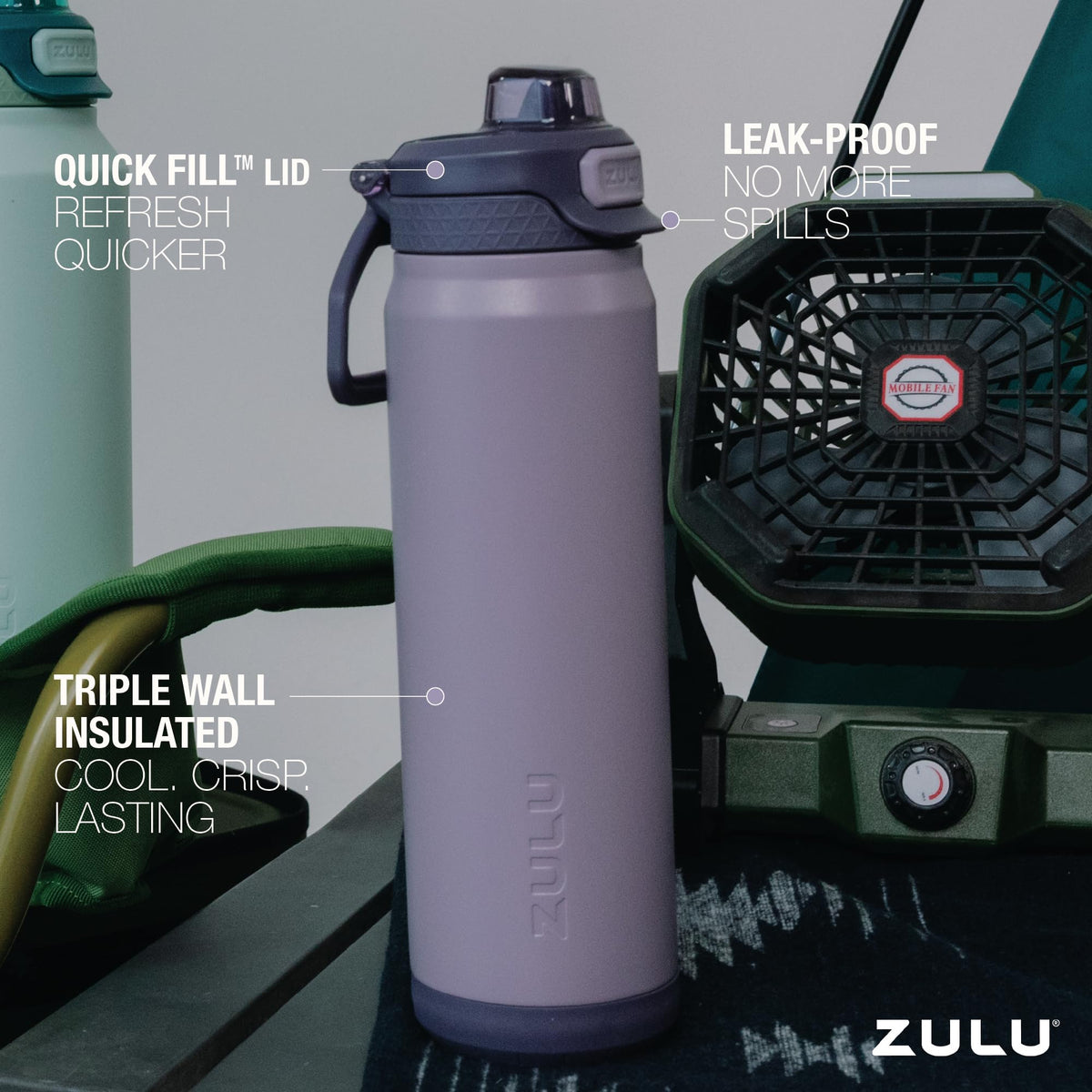 ZULU Powerfill Pro leak-proof locking lid shown on 32oz bottle.