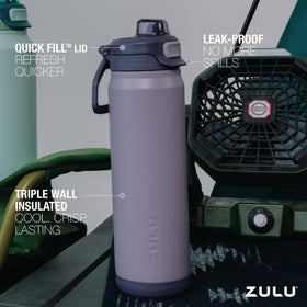 ZULU Powerfill Pro leak-proof locking lid shown on 32oz bottle.