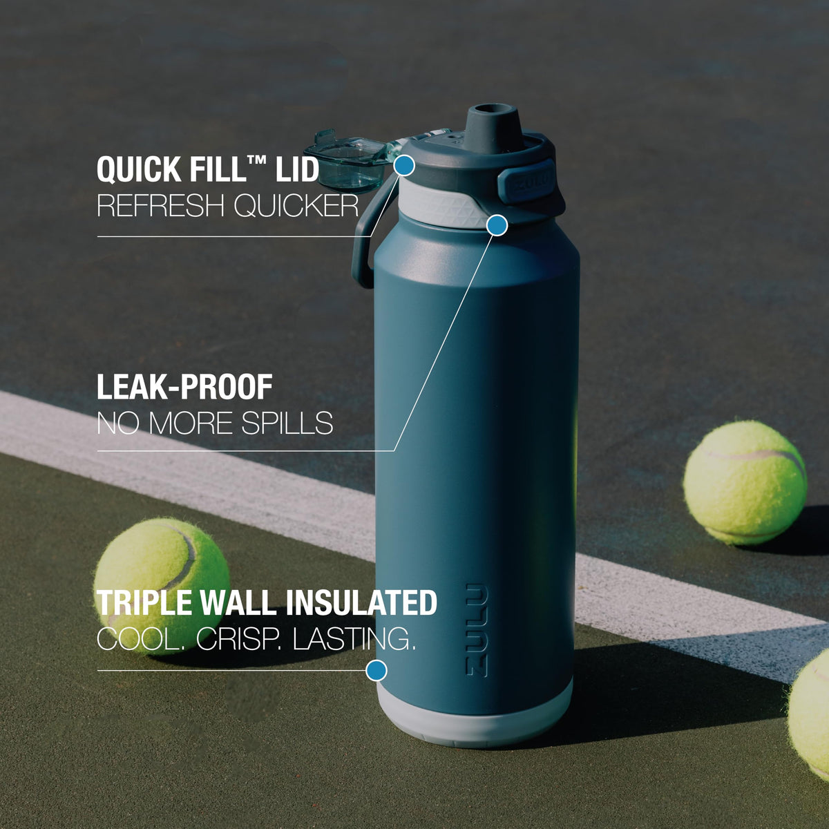 ZULU Powerfill Pro 32oz bottle triple-wall insulation keeps drinks cold.