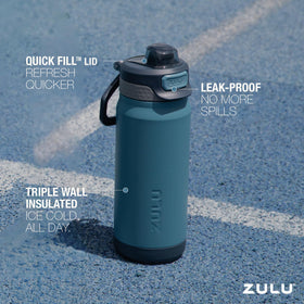 ZULU Powerfill Pro leak-proof locking lid prevents spills in backpacks.