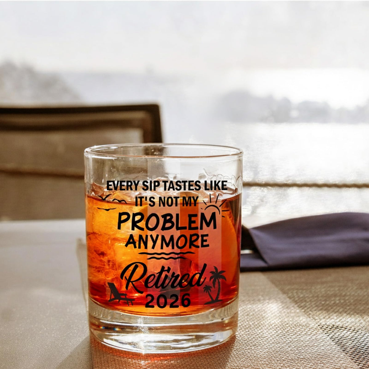 Zunaked retirement glass shown with whiskey to evoke celebration.
