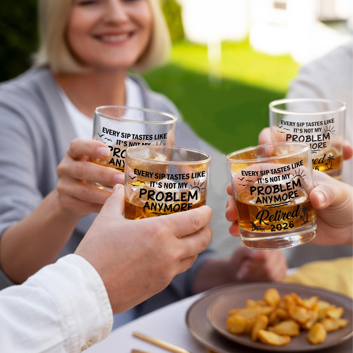 Zunaked retirement party toast scene featuring the glass.