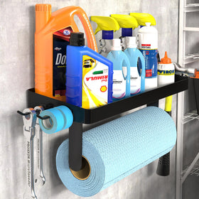 ZUNTO garage paper towel holder with shelf in black stainless steel keeps towels and tools within reach.
