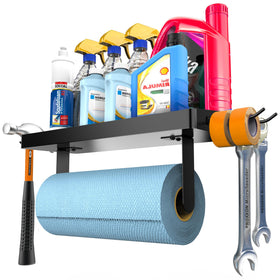 ZUNTO wall-mounted holder shows shelf and hooks for organized garage storage.