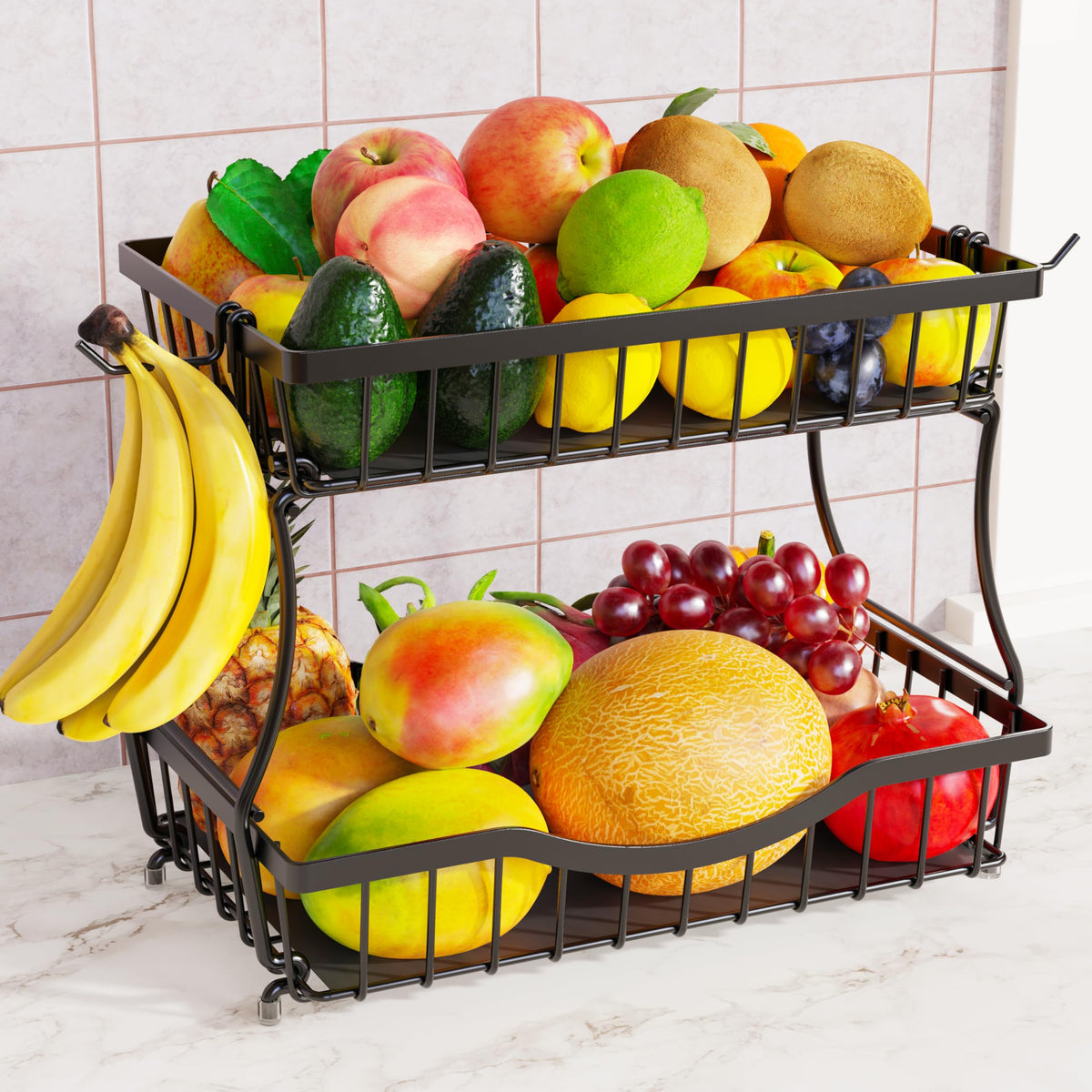 Zurklulu large 2-tier fruit basket front view showcases organized counter fruit storage.