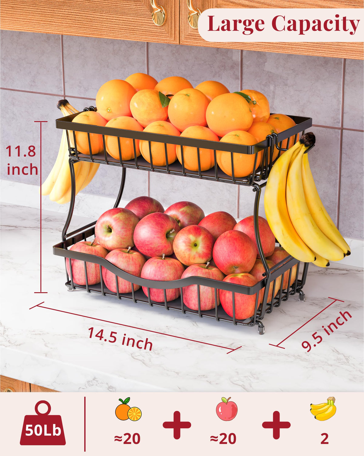 Zurklulu black two-tier basket side view highlights compact counter organization.