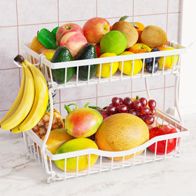 Zurklulu white 2-tier fruit basket with banana hooks for organized counter storage.