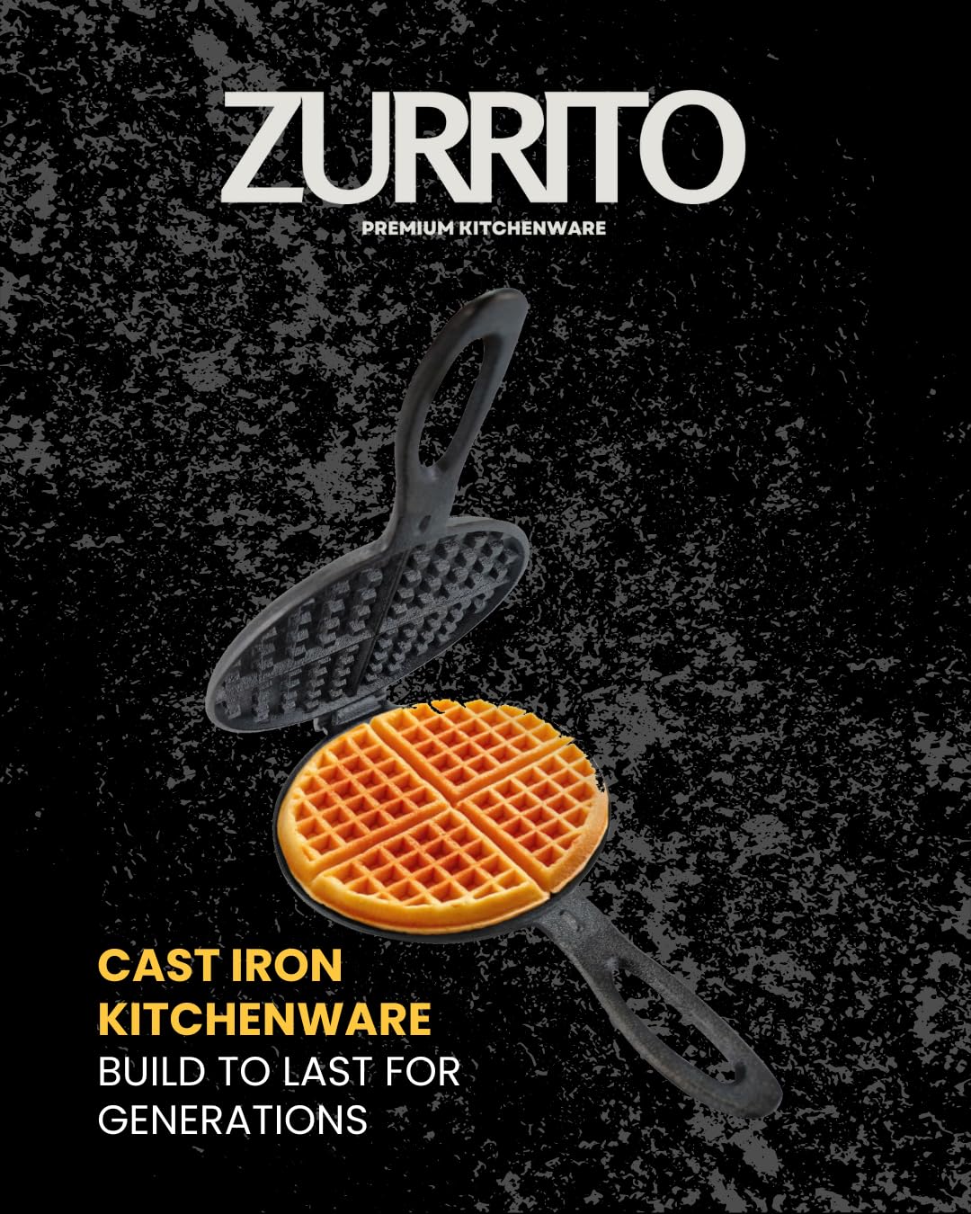 ZURRITO cast iron waffle iron set in a camping scene for outdoor cooking.