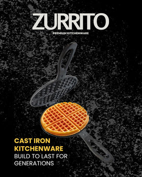 ZURRITO cast iron waffle iron set in a camping scene for outdoor cooking.