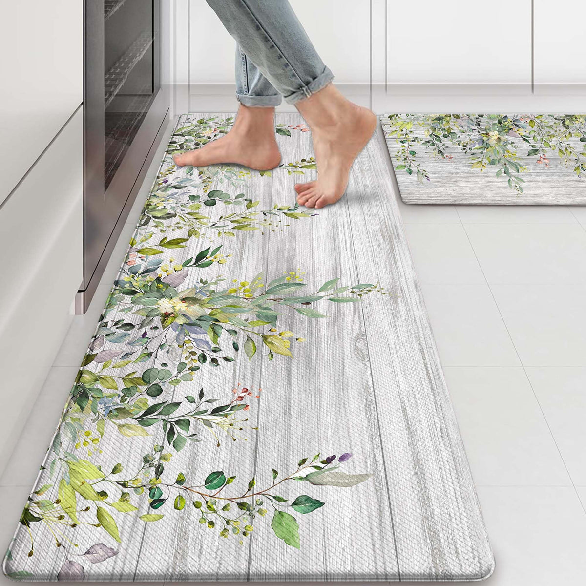 Zussun kitchen rug featuring watercolor greenery from the collection for a fresh look.