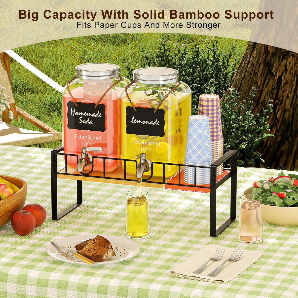 Zuyachuza bamboo stand supports the dispensers for outdoor events