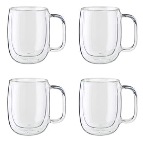 ZWILLING Sorrento Plus mug showcasing double-wall glass for heat retention and a clean, condensation-free exterior.