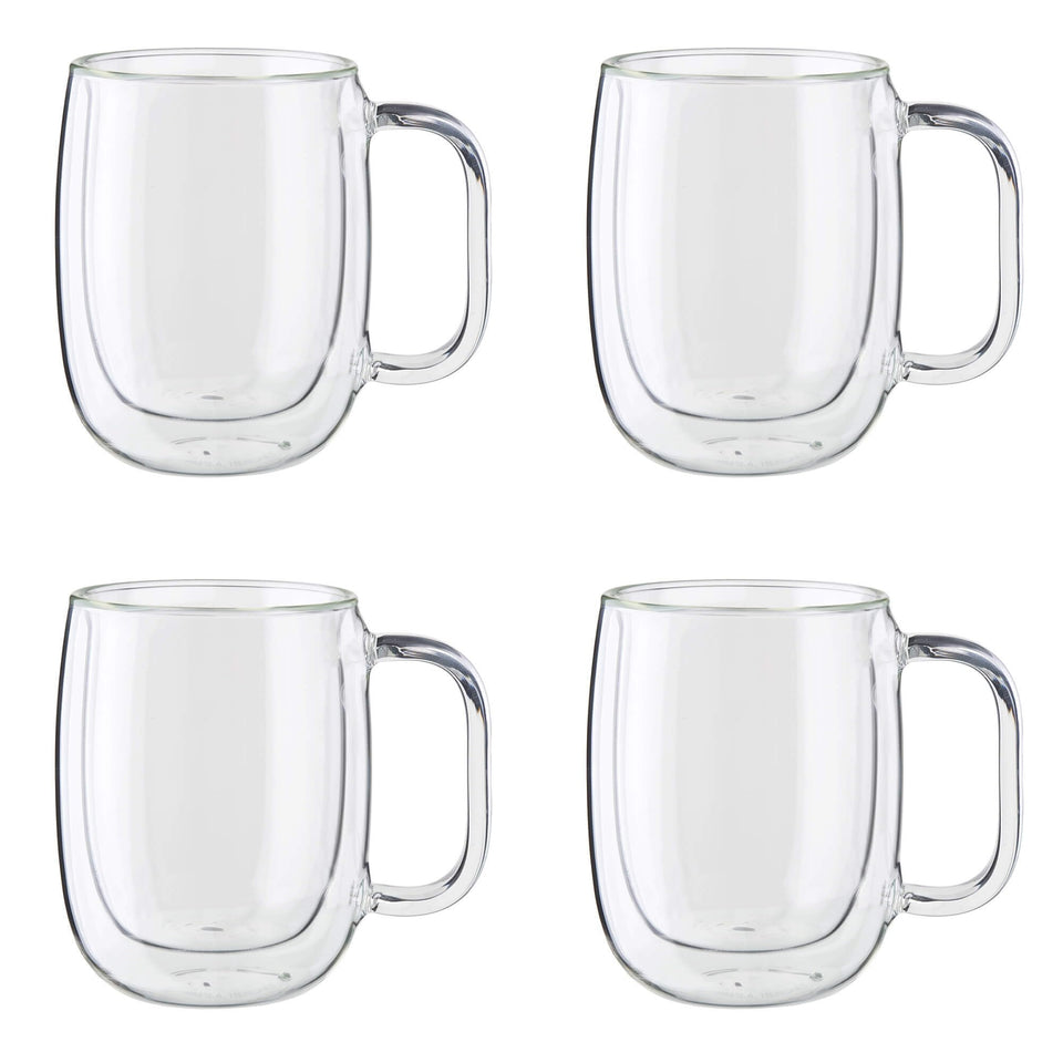 ZWILLING Sorrento Plus mug showcasing double-wall glass for heat retention and a clean, condensation-free exterior.
