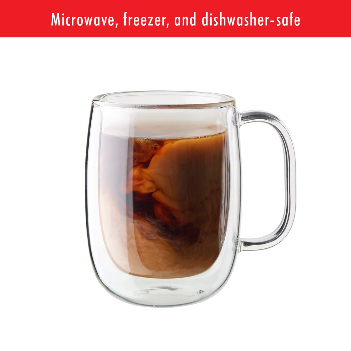 Hand holding a steaming ZWILLING Sorrento Plus mug highlights heat retention.