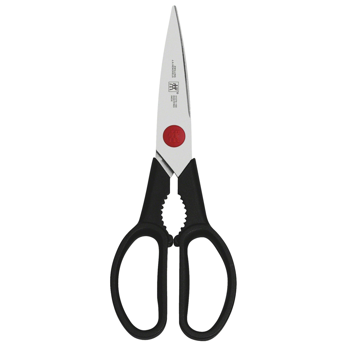 ZWILLING Twin L kitchen shears blade close-up showing sharp stainless edge for precise cuts.