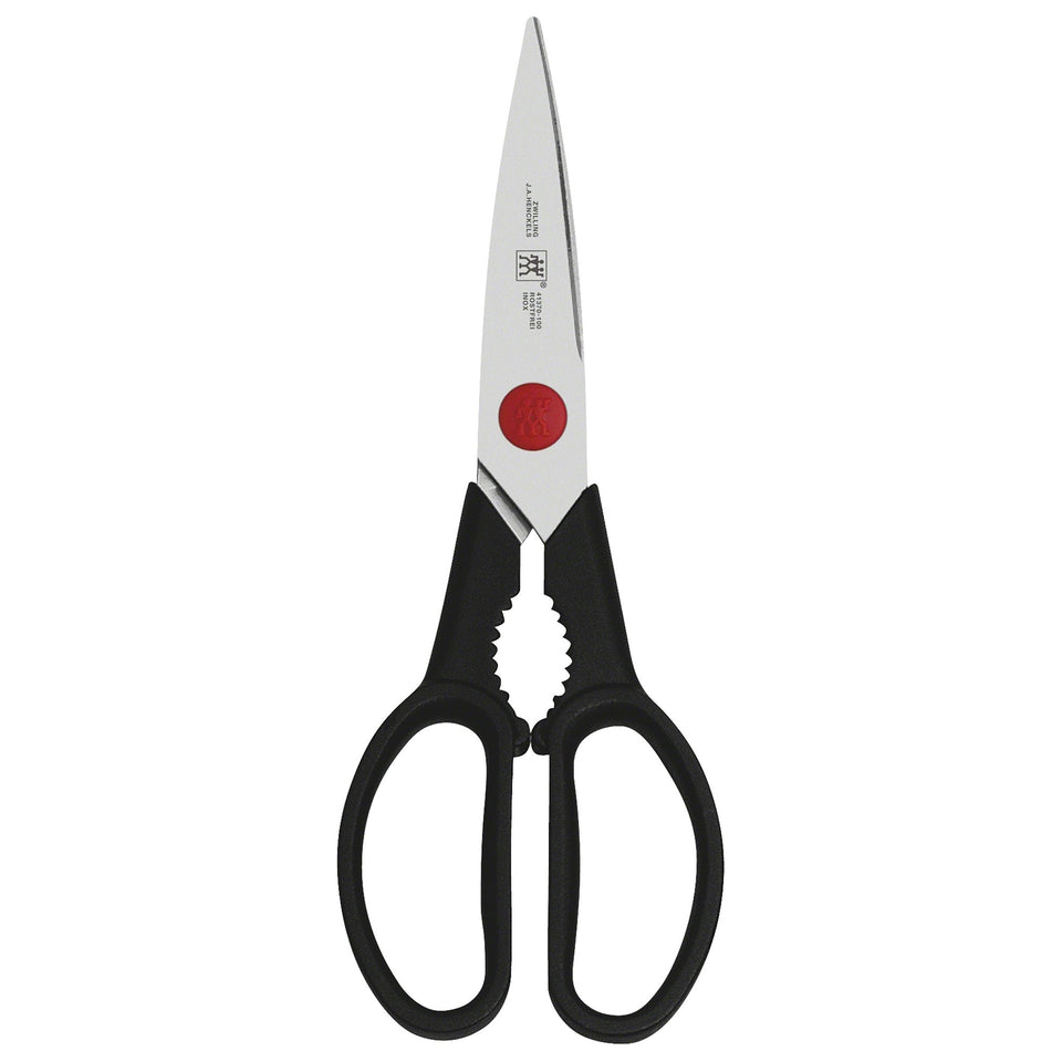 ZWILLING Twin L kitchen shears blade close-up showing sharp stainless edge for precise cuts.
