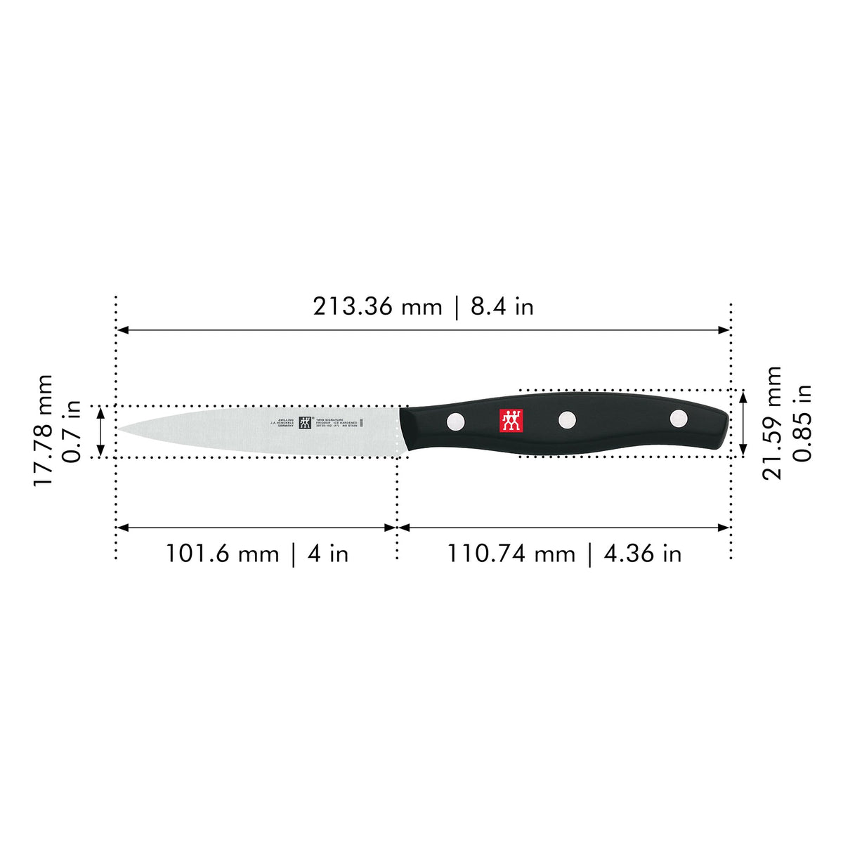 ZWILLING Twin Signature 4-inch paring knife edge close-up illustrating precision cuts