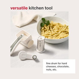 Zyliss Classic Rotary Cheese Grater folds away for compact storage in small kitchens.