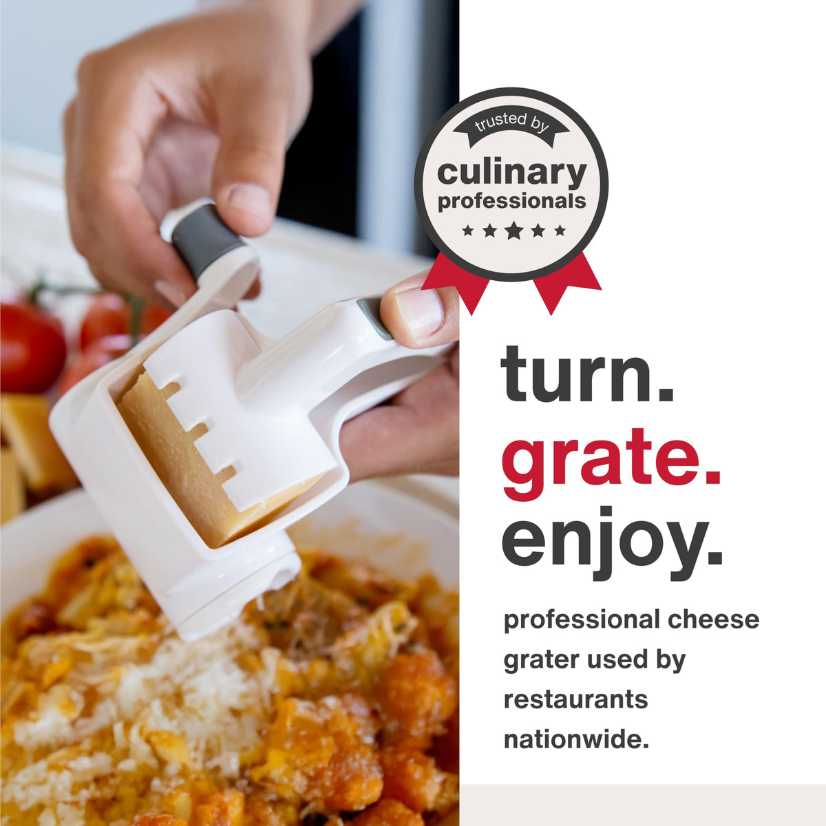 Zyliss Classic Rotary Cheese Grater showing easy-clean drum for quick cleanup after cheeses and chocolates.