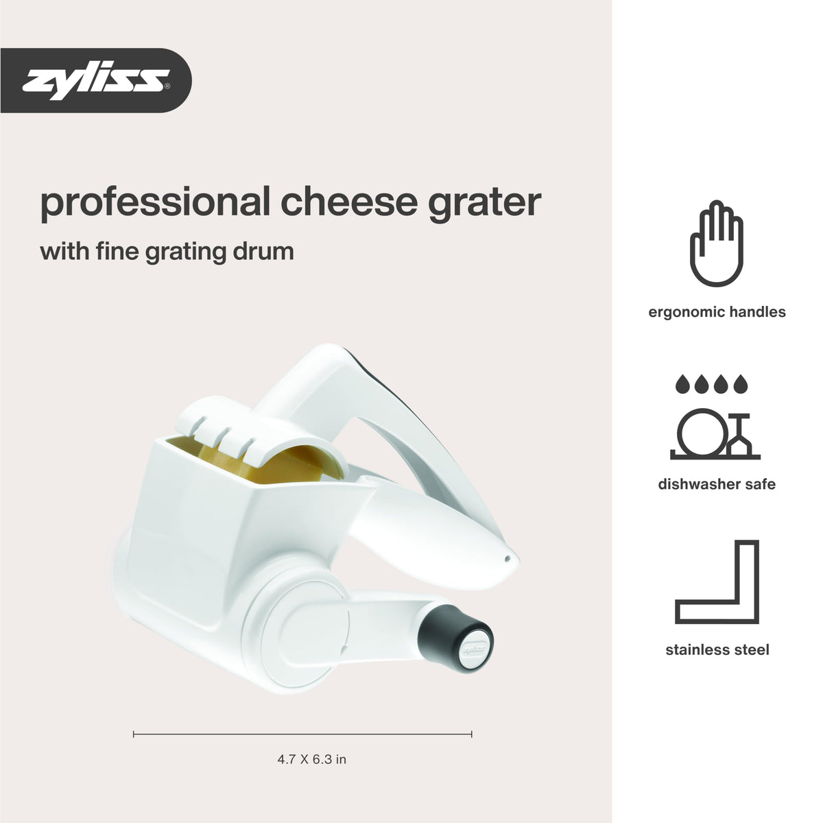 Zyliss grater handles hard cheeses with minimal effort for smooth shavings.
