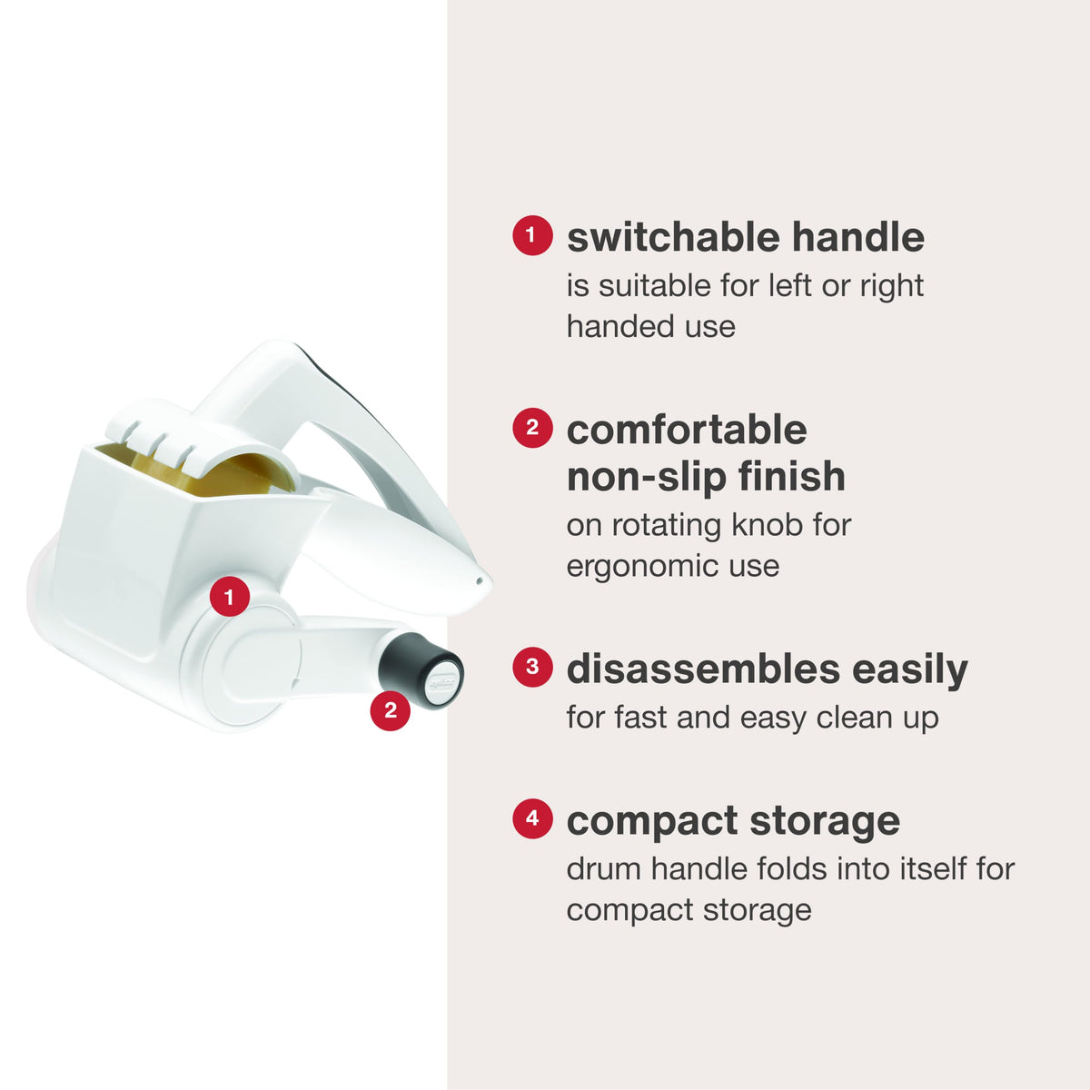 Zyliss grater supports left and right-handed use for flexible kitchen prep.