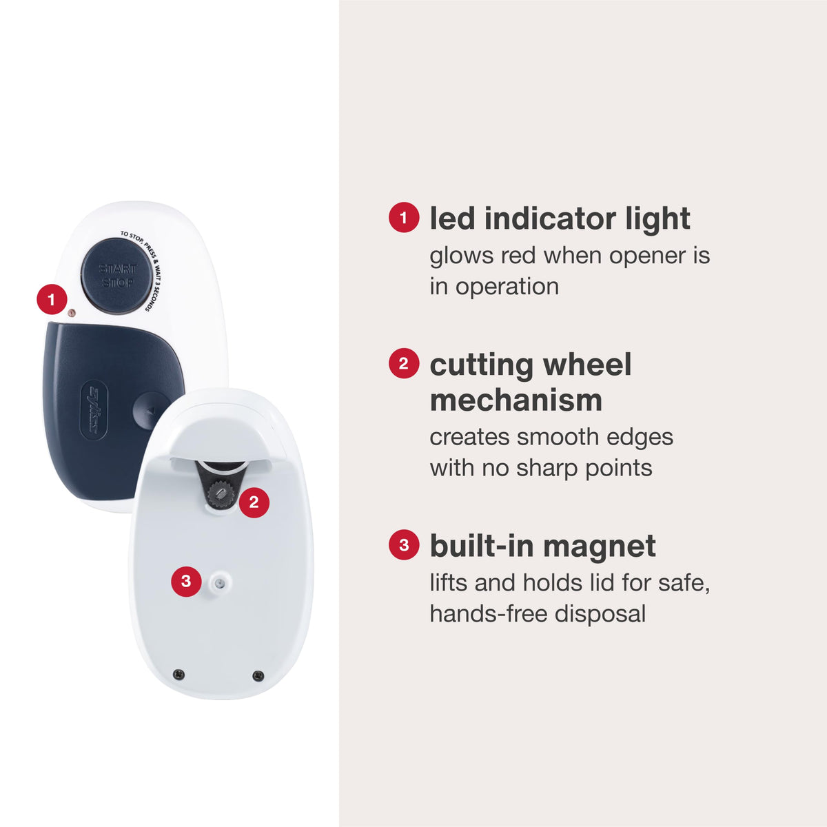 Zyliss EasiCan battery-powered design for cordless use.