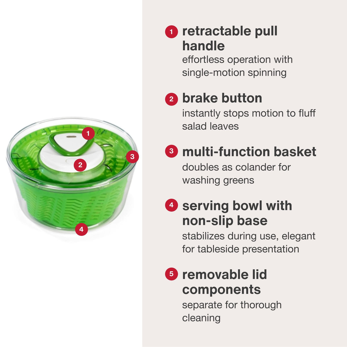 Zyliss large spinner holds 4 to 6 servings, ideal for family meals.