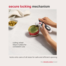 Zyliss smooth-edge can opener delivers clean cuts with stainless steel teeth.