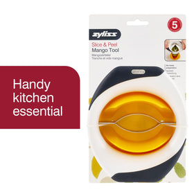 Zyliss mango slicer holding mango for stable, clean slices.