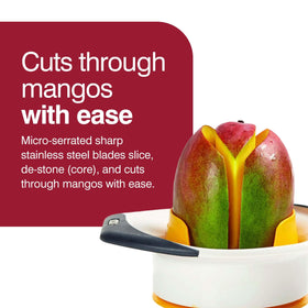 Zyliss micro-serrated blade mango slicer cuts smoothly through mango skin.