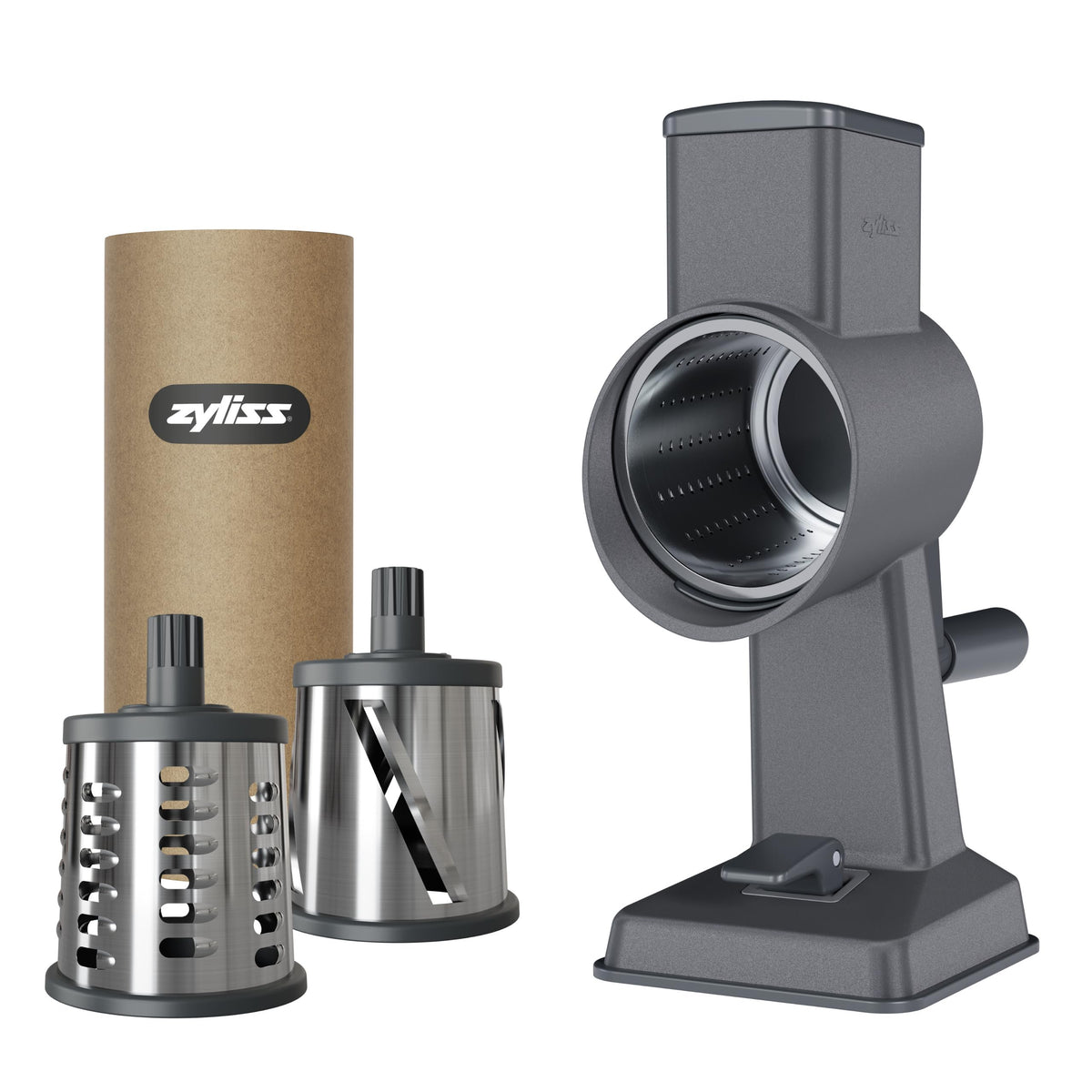 Zyliss rotary cheese grater handle on countertop for easy grating