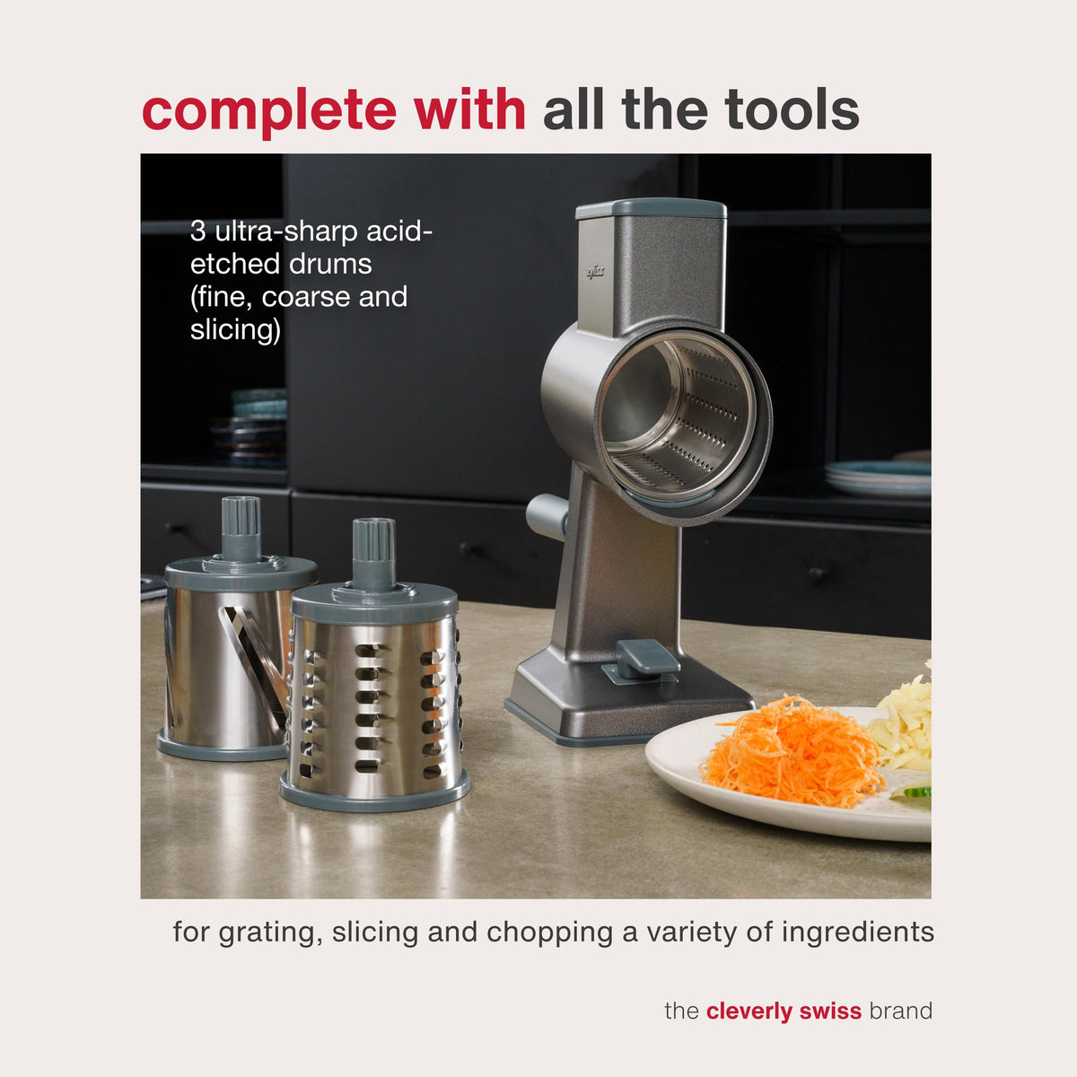 Zyliss rotary grater handle enabling comfortable, steady shredding