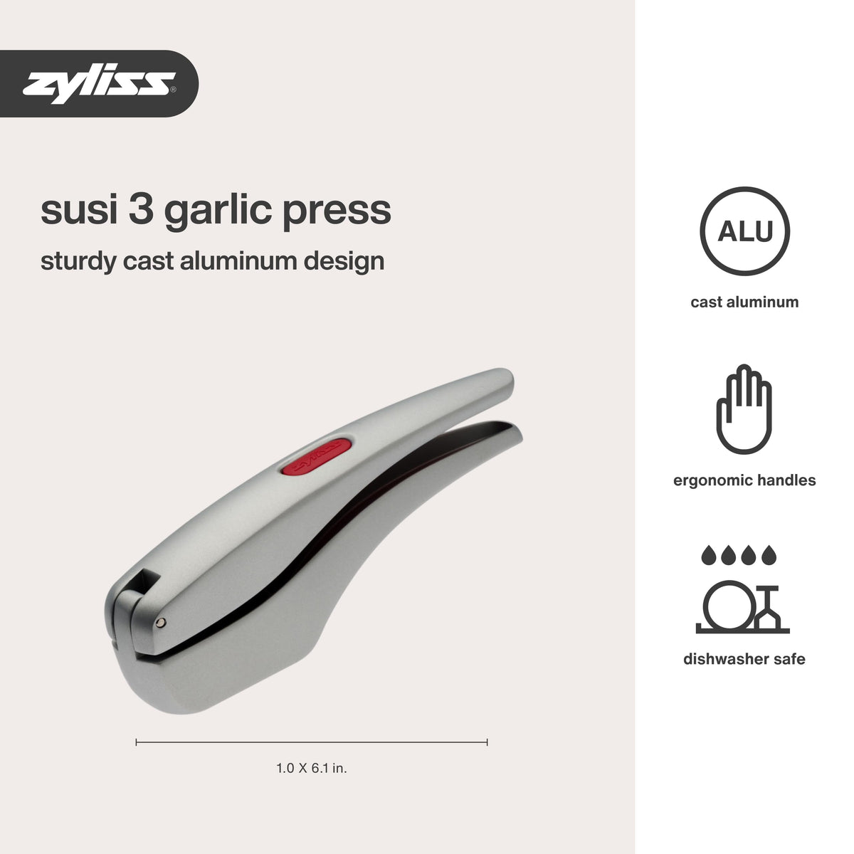Zyliss Susi 4 garlic press includes integrated cleaning tool.