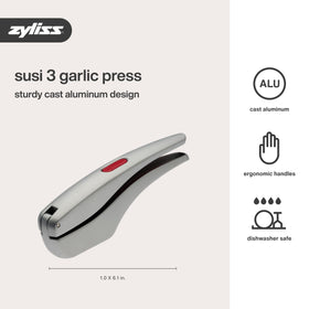 Zyliss Susi 4 garlic press includes integrated cleaning tool.