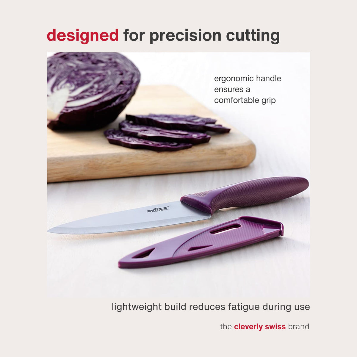 Zyliss five-and-a-half-inch blade delivers lasting sharpness.