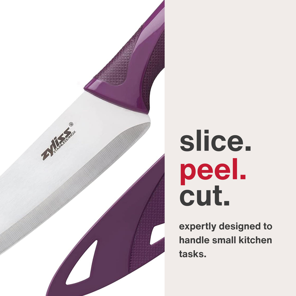 Zyliss utility knife purple handle close-up highlights ergonomic grip.