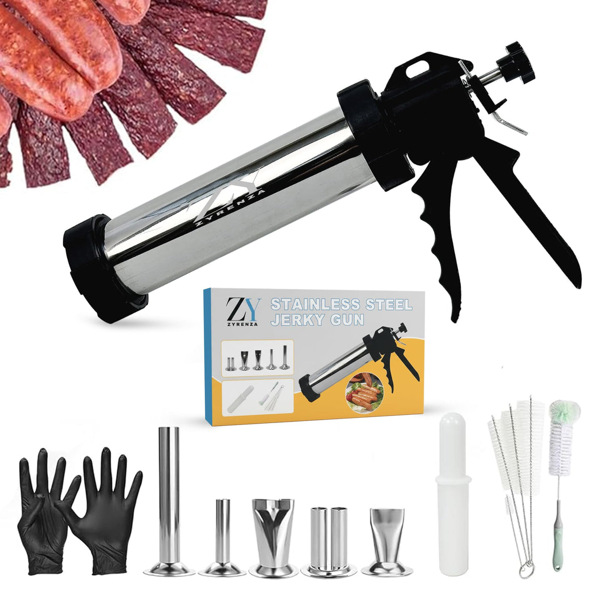 ZYRENZA jerky gun kit main image shows a durable stainless steel beef maker for home use