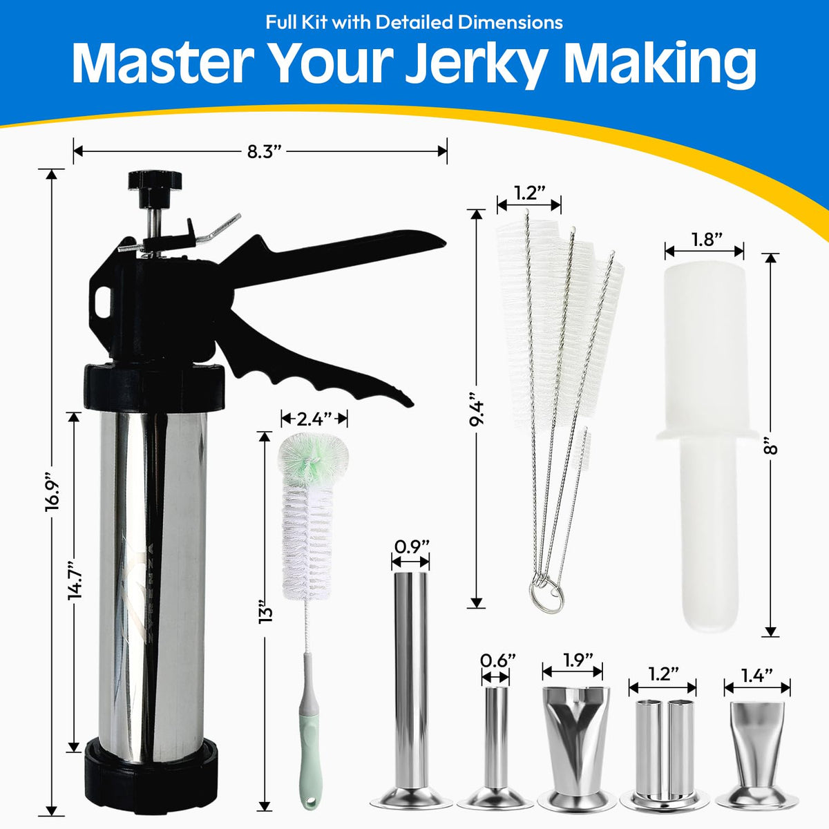 ZYRENZA jerky gun nozzle set highlights five nozzles for uniform jerky shapes