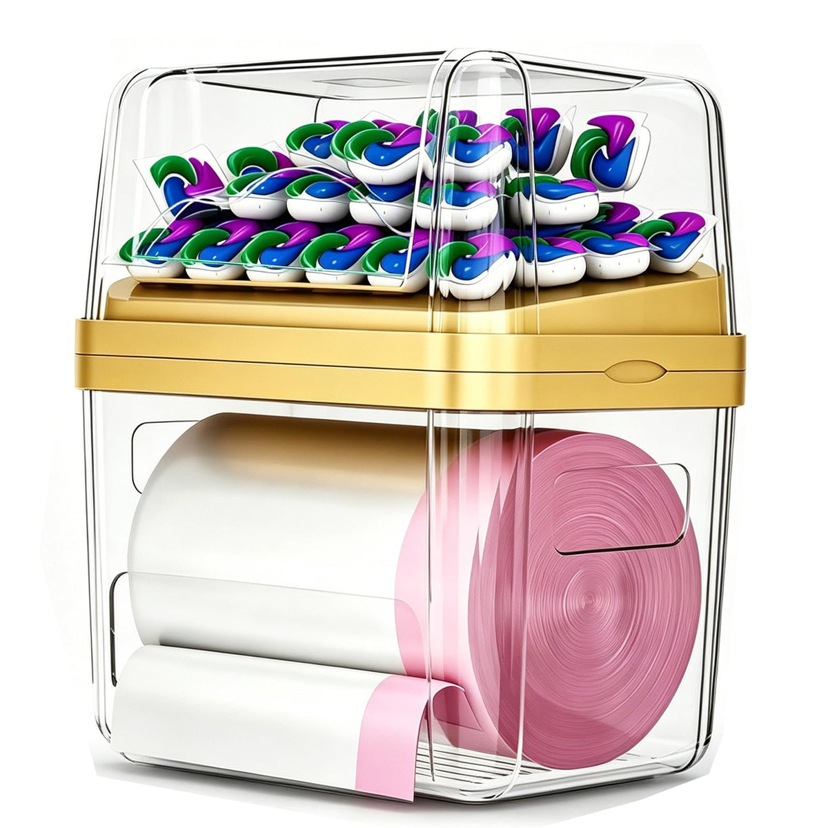 ZZWILLB 2-in-1 trash bag dispenser under-sink view shows organized storage.